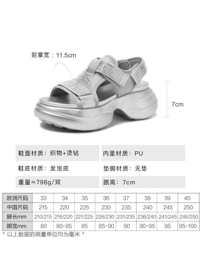 Petite Platform Sports Sandals For Women, Summer Open-toe Rhinestone Hook-and-loop Sandals - Image 4
