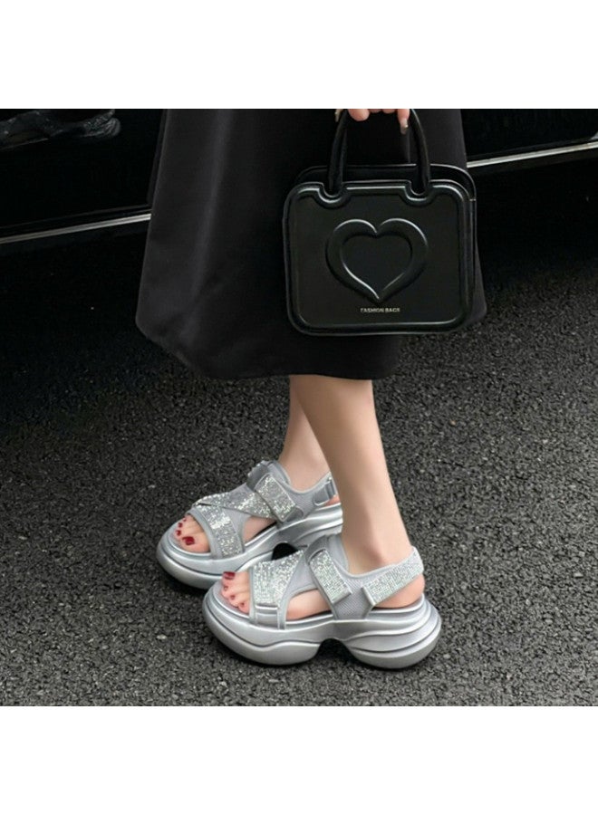 Petite Platform Sports Sandals For Women, Summer Open-toe Rhinestone Hook-and-loop Sandals - Image 3