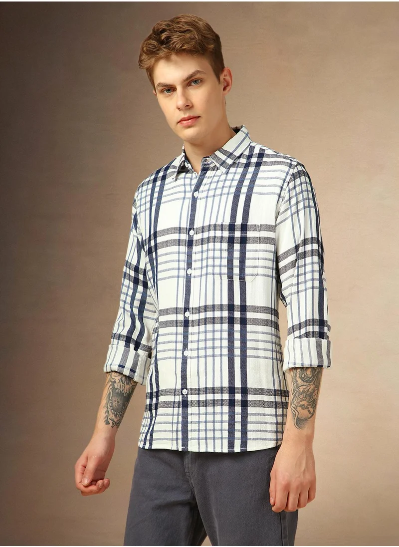 دينيس لينغو Men's Multicoloured 100% Cotton Checkered Button Down Shirt