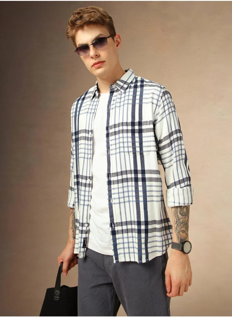 دينيس لينغو Men's Multicoloured 100% Cotton Checkered Button Down Shirt
