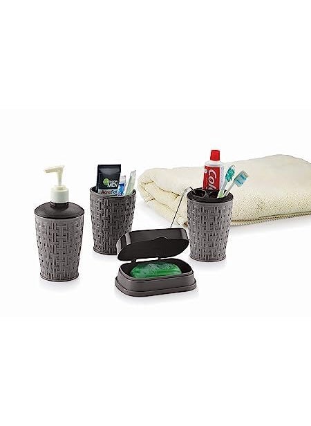 Upheavel Upheaval Plastic Sauna Bathroom Accessory 4Piece Set Toothbrush Holder Liquid Soap Dispenser Soap Dish Tumbler Grey Stylish and Functional Sauna Essentials 