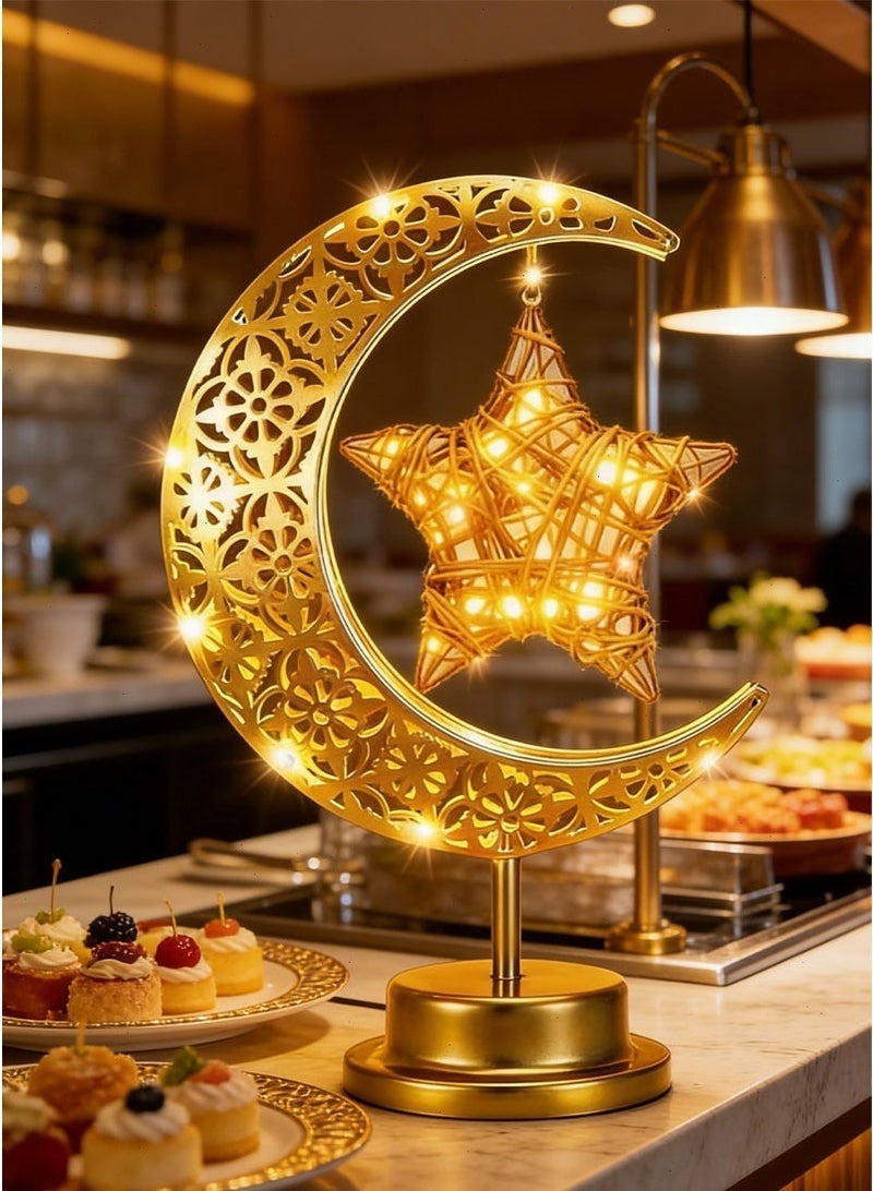 Ramadan Lights Decorations: Battery Operated Crescent Moon and Star Lamp with Warm White Table Light, Ideal as Ramadan Lights for Curtains & Rooms. - Image 1