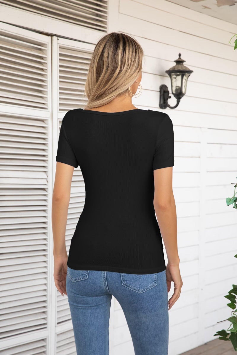 VICHYIE Short Sleeve Shirts for Women Cutout Tops Ribbed Slim Fitted Summer One Piece Square Neck Pullover Tee Cute Tshirts Black M - Image 4