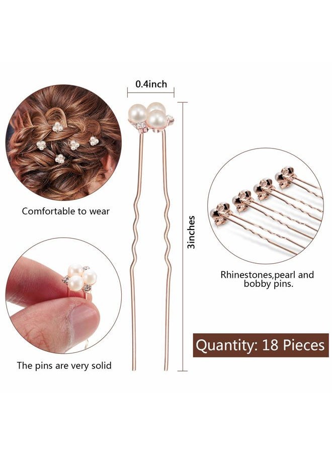 WILLBOND 18 Pcs Pearl Hair Pins Bridal Wedding Hair Accessories Crystal Bobby Pin for Brides Bridesmaids Flower Women Girls(Rose Gold)  - Image 2
