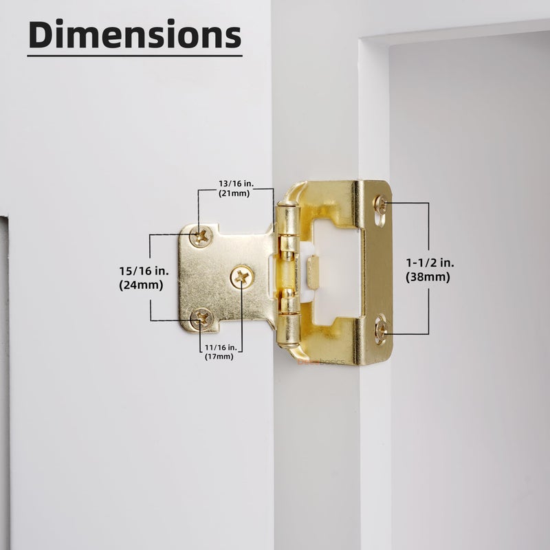 Decobasics 20 Pack 1/2"" Overlay Brushed Gold Cabinet Hinges For Cabint Doors (10 Pairs) - Self-Closing Partial Wrap Semi-Concealed Face Frame Hinge For Kitchen Doors W/Screws & Quiet Bumpers - Image 2