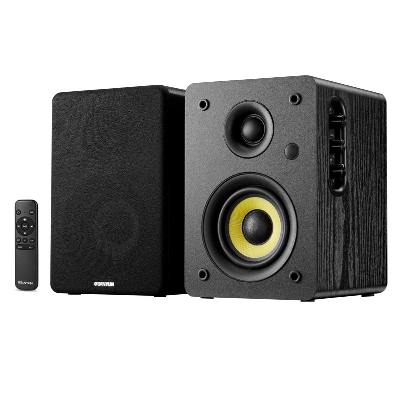 Sanyun SW206 4â€ HiFi Bookshelf Speakers with Studio Mode, 80W Active, Bluetooth 5.4/Optical/Coaxial/TRS/Aux/24bit DAC USB, for Turntable TV PC Desktop, MDF Cabinet, Remote Control, Black - Image 1