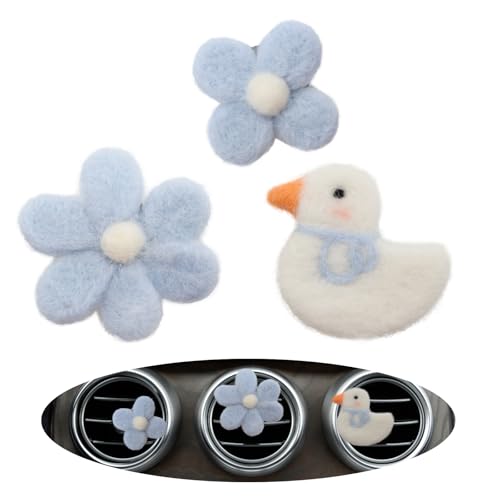 ORIESSE Cute Car Accessories,Duck Flower Air Vent Clips,Handmade Wool Felt Aroma Diffuser,Refillable Girly Car Air Freshener,3pcs White Blue Car Decor - Image 1