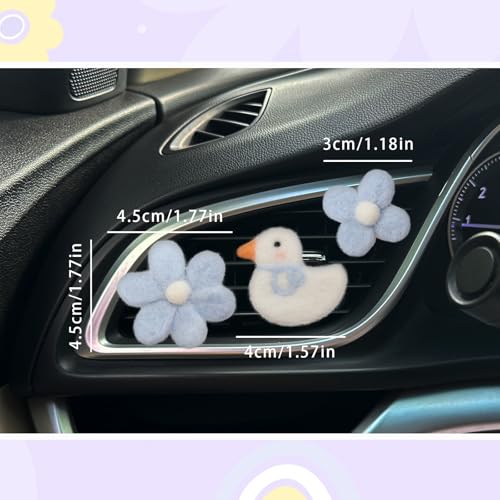 ORIESSE Cute Car Accessories,Duck Flower Air Vent Clips,Handmade Wool Felt Aroma Diffuser,Refillable Girly Car Air Freshener,3pcs White Blue Car Decor - Image 2