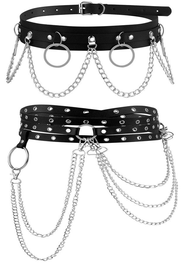 LOREMOW 2 Pcs Black Leather Waist Chain Belt Womens Punk Waist Belly Chain Layered Goth Body Chain Nightclub Party Body Jewelry Accessories - Image 1