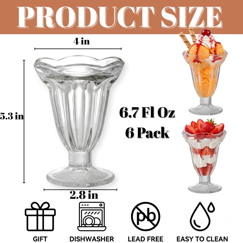 ZENFUN 6 Pack Glass Tulip Sundae Cups, 7 Fl Oz Clear Milkshakes Footed Ice Cream Cups Dessert Bowls Set for Sherbet Trifle, Fruit, Salad, Snack, Cocktail - Image 2