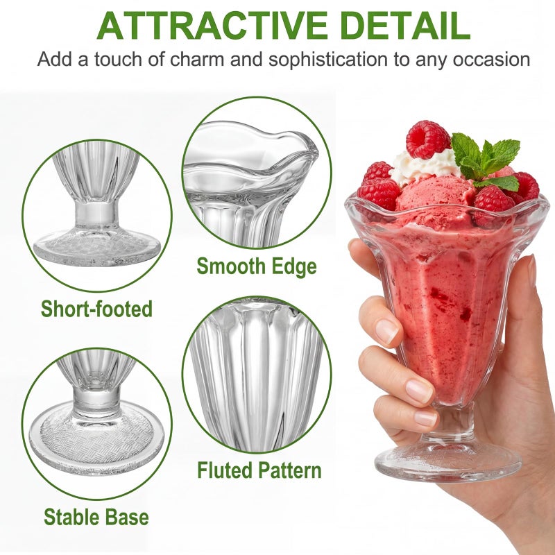 ZENFUN 6 Pack Glass Tulip Sundae Cups, 7 Fl Oz Clear Milkshakes Footed Ice Cream Cups Dessert Bowls Set for Sherbet Trifle, Fruit, Salad, Snack, Cocktail - Image 3