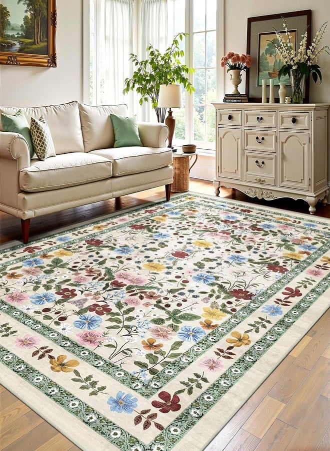 Deerly Floral Area Rugs 5x7 Vintage Boho Washable Non-Slip Living Room Carpet Soft Low Pile Colorful Thin Bedroom Floor Mat Indoor for Dining Room Playroom Nursery Farmhouse, Beige/Green/Multi - Image 2