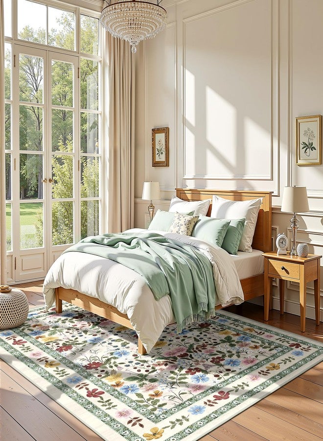 Deerly Floral Area Rugs 5x7 Vintage Boho Washable Non-Slip Living Room Carpet Soft Low Pile Colorful Thin Bedroom Floor Mat Indoor for Dining Room Playroom Nursery Farmhouse, Beige/Green/Multi - Image 1