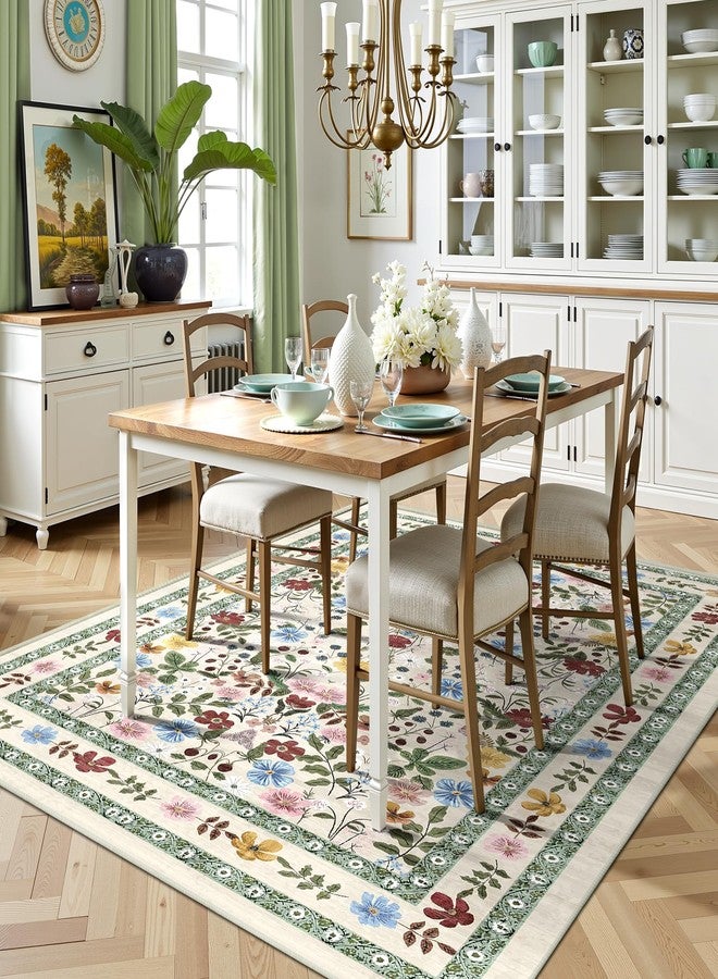 Deerly Floral Area Rugs 5x7 Vintage Boho Washable Non-Slip Living Room Carpet Soft Low Pile Colorful Thin Bedroom Floor Mat Indoor for Dining Room Playroom Nursery Farmhouse, Beige/Green/Multi - Image 3