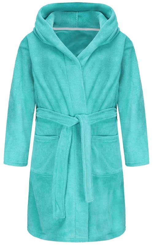 Best for All Boys Girls Bathrobe Soft Towel Hooded Robe Terry cloth Turkish Cotton Bathrobe（Aqua,13-14Years） - Image 2