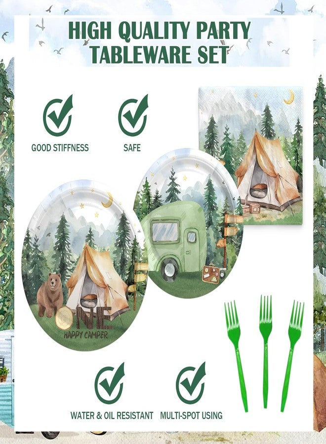 Hombae One Happy Camper Camper Themed Tableware Set, First Birthday Party Decorations, Camping 1st Birthday Party Decorations, Serves 24 Guests Green - Image 3