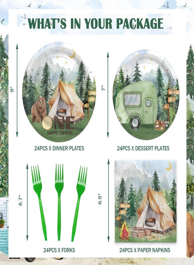 Hombae One Happy Camper Camper Themed Tableware Set, First Birthday Party Decorations, Camping 1st Birthday Party Decorations, Serves 24 Guests Green - Image 2