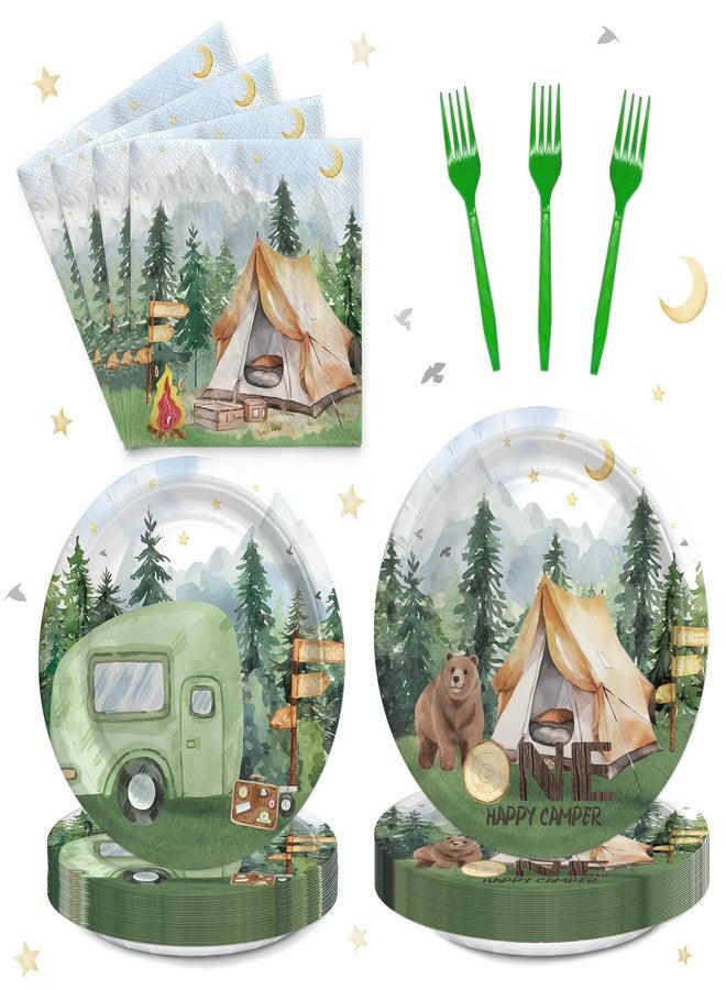 Hombae One Happy Camper Camper Themed Tableware Set, First Birthday Party Decorations, Camping 1st Birthday Party Decorations, Serves 24 Guests Green - Image 1