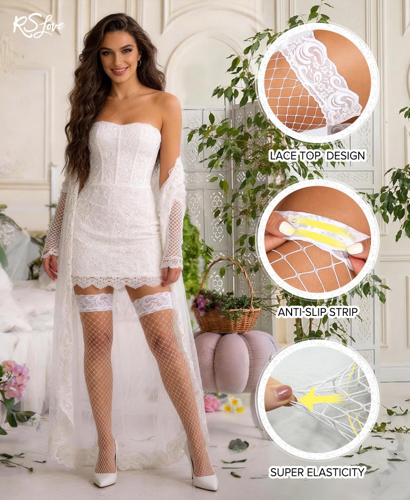 RSLOVE Women's Lace Top Fishnet Thigh-High Stockings with Antiskid Silicone Sexy Stay Up Tights Pantyhose White - Image 3