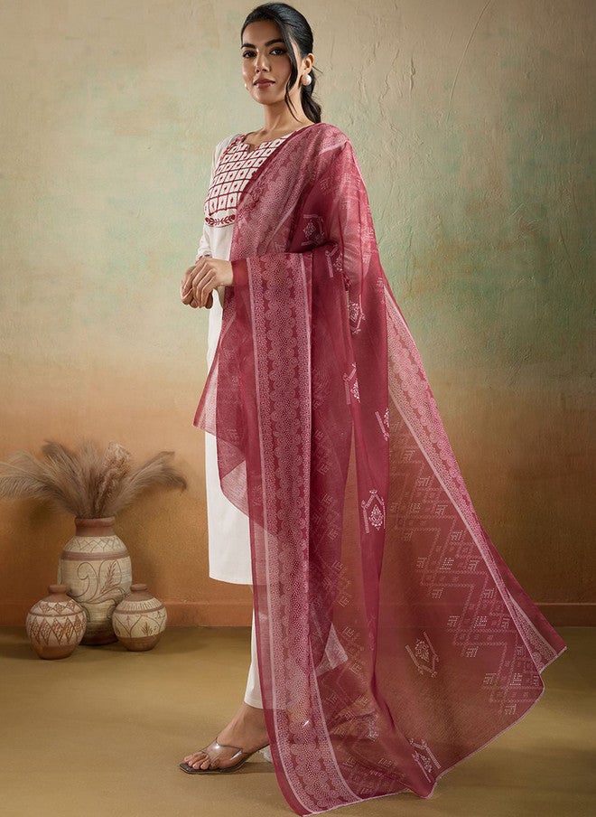 Women Basket Embroidered Pure Cotton Notch Neck Thread Work Kurta with Trousers and Printed Dupatta - Image 3