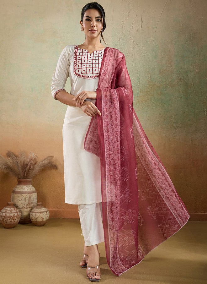 Women Basket Embroidered Pure Cotton Notch Neck Thread Work Kurta with Trousers and Printed Dupatta - Image 1