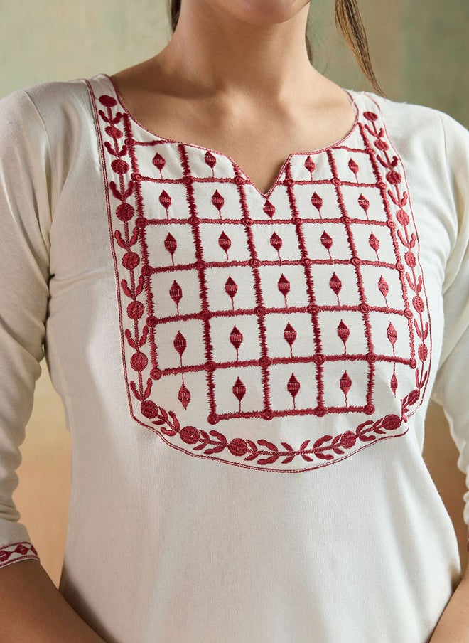 Women Basket Embroidered Pure Cotton Notch Neck Thread Work Kurta with Trousers and Printed Dupatta - Image 2