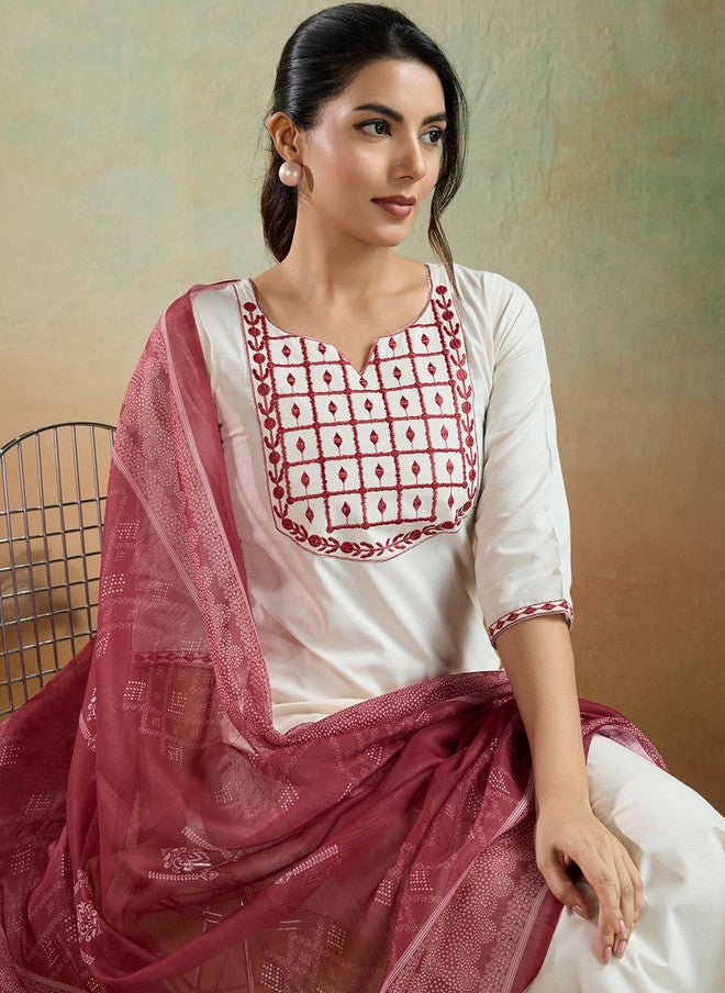 Women Basket Embroidered Pure Cotton Notch Neck Thread Work Kurta with Trousers and Printed Dupatta - Image 5