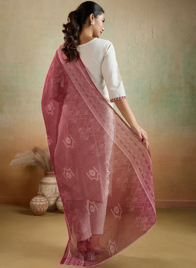 Women Basket Embroidered Pure Cotton Notch Neck Thread Work Kurta with Trousers and Printed Dupatta - Image 4