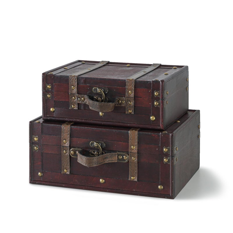 SLPR Wooden Vintage Luggage Trunks Set of 2 Decorative Antique Suitcase Boxes with Hinged Lids Old Fashioned Chests for Home and Table Dcor
