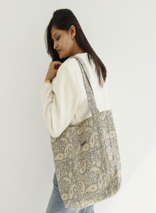 Ekatra Noor Tote Bag for Women | Woven Cotton Handbag for Office, College & Daily Use | Blue Paisley - Image 3