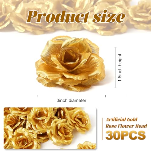 HAPY SHOP 30 Pack Gold Roses Artificial Flowers, 3 Inch Fake Silk Gold Roses Head, Gold Artificial Flowers Heads for Home Wedding Party Decoration - Image 2