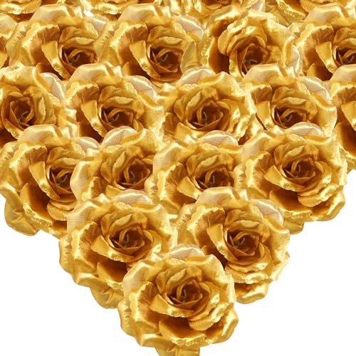 HAPY SHOP 30 Pack Gold Roses Artificial Flowers, 3 Inch Fake Silk Gold Roses Head, Gold Artificial Flowers Heads for Home Wedding Party Decoration - Image 1