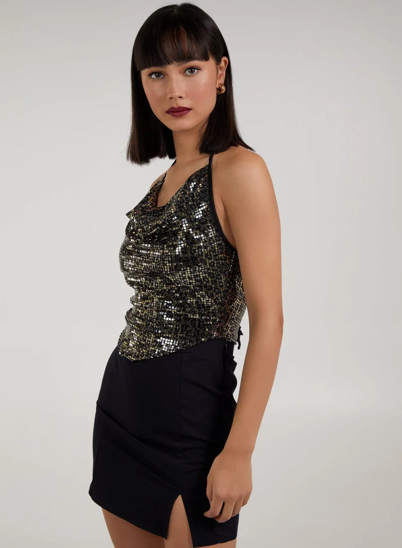 Pink Vanilla Animal Print Sequin Cowl Neck Top