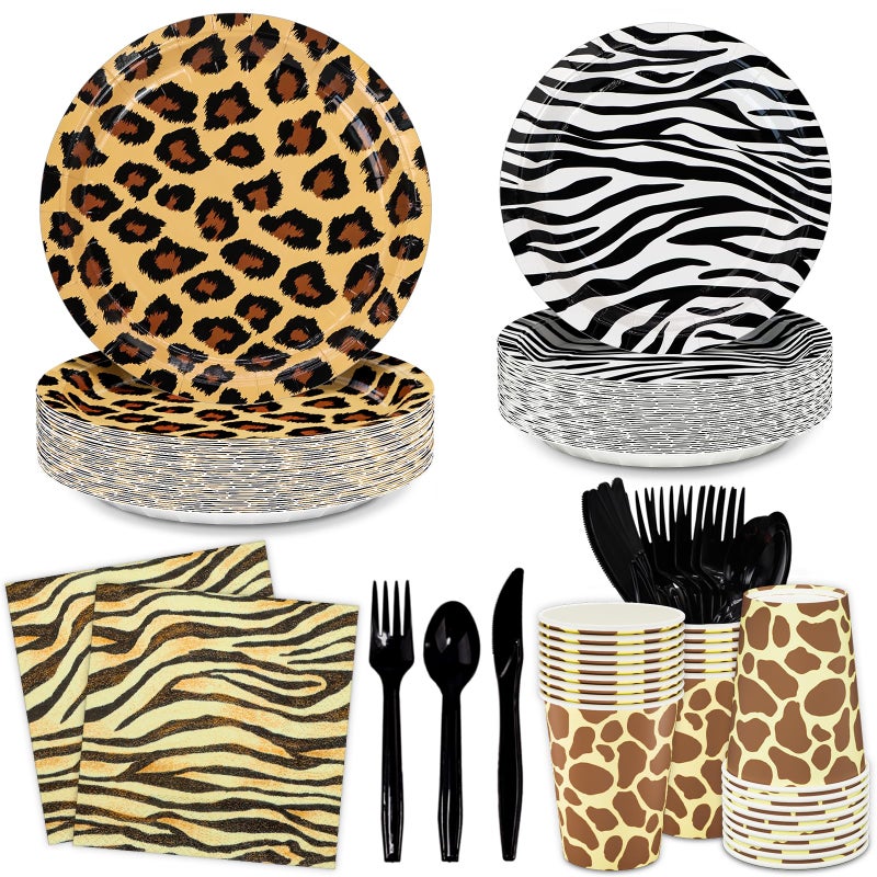 DYLIVeS 168pcs Zoo Animal Print Birthday Party Decorations Leopard Print Dinner Plates Zebra Dessert Plates Tiger Napkins Giraffe Cups Cutlery Disposable Safari Jungle Theme Party Supplies Serves 24