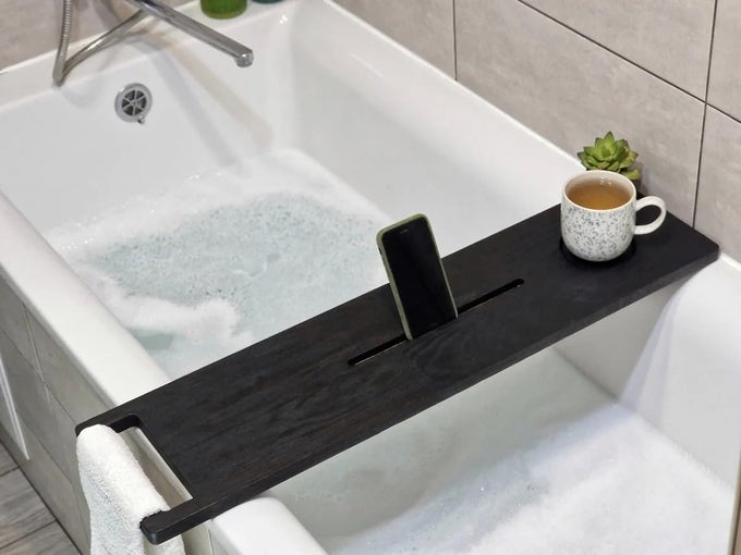 PREMIUM BATHTUB CADDYTRAY WITH MBILETABLE CUPGLASS AND TOWEL HOLDER SOLID WOOD TUB TRAY TABLE POOL SHELF TRAY HOMESPA TRAY LARGE 40