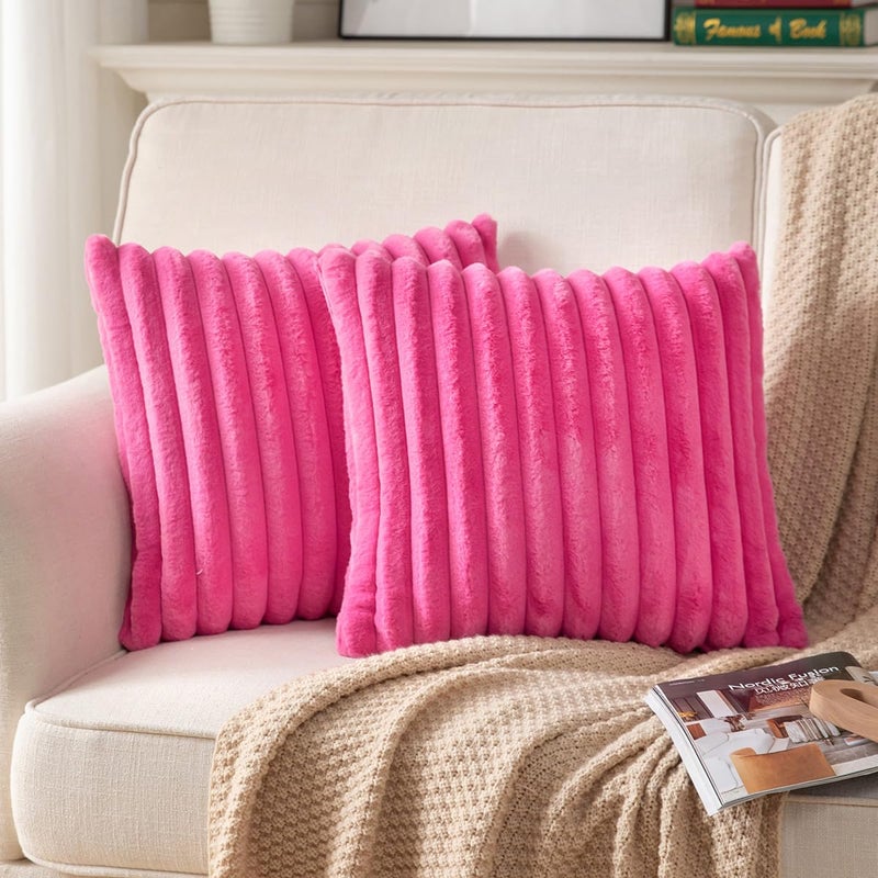 DEELAND Pack of 2 Double-Sided Faux Fur Plush Decorative Throw Pillow Covers Fuzzy Striped Soft Pillowcase Cushion Covers for Sofa Couch Bedroom Hotpink 20x20 inch - Image 1