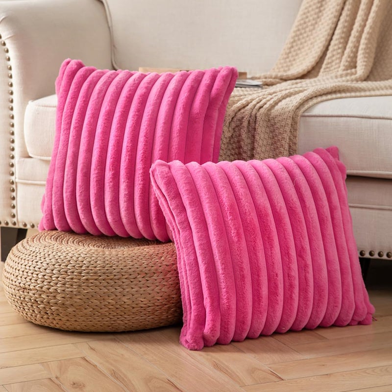 DEELAND Pack of 2 Double-Sided Faux Fur Plush Decorative Throw Pillow Covers Fuzzy Striped Soft Pillowcase Cushion Covers for Sofa Couch Bedroom Hotpink 20x20 inch - Image 2