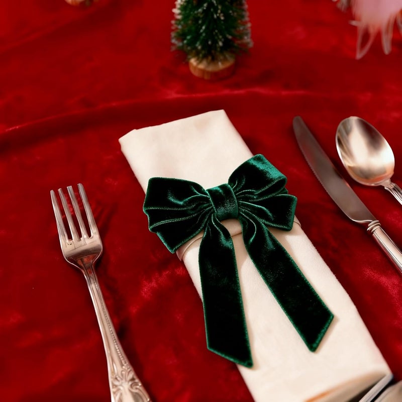 Meseey حلقات مناديل على شكل ربطة عنق لتزيين طاولة الكريسماس، الزفاف، الحفلات، والعطلات (أخضر داكن، 6 قطع) - Image 3