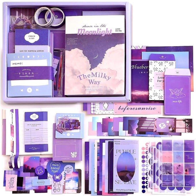 PAPER 348 PCS AESTHETIC SCRAPBOOK KIT,SCRAPBOOKING SUPPLIES KIT, JUNK JOURNAL SUPPLIES KIT WITH A6 GRID NOTEBOOK,BULLET JUNK JOURNALS KIT,DIY GIFT JOURNALING KIT FOR TEEN GIRL WOMEN (BLUE)