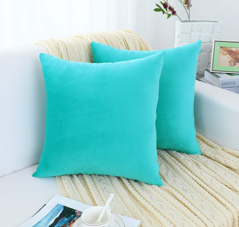 Jeneoo Comfy Soft Thick Velvet Throw Pillow Cases for Sofa Couch  Decorative Solid Square Cushion Covers for Bedroom Car (Turquoise  20 x 20 Inches  2 Pieces) - Image 3