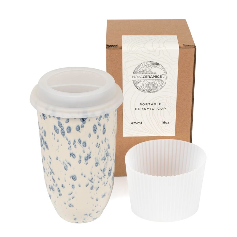 NOVA CERAMICS Travel Mug - Travel Size Mug â€“ Reusable Coffee Mug Unique to Go Mug â€“ Microwave & Dishwasher Safe Coffee White & Blue Tumbler - Gifts for Women Men Him Her â€“ 12oz â€“ Orchid - Image 1