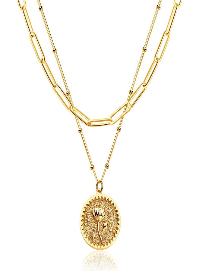 GDCOIN 18K Gold Plated Layered Birth Flower Necklace for Women - Image 1