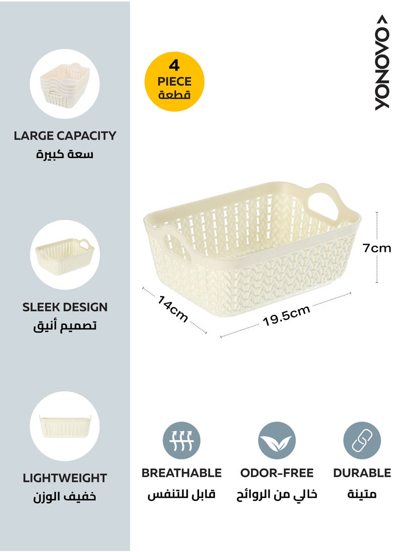 Yonovo Plastic Storage Basket - 4-Piece, White - Durable Organizer Bins with Ventilated Design and Ergonomic Handles, Stackable and Lightweight - Ideal for Kitchen, Bathroom, Office, Nursery, Pantry, and Shelf Storage  - Image 2