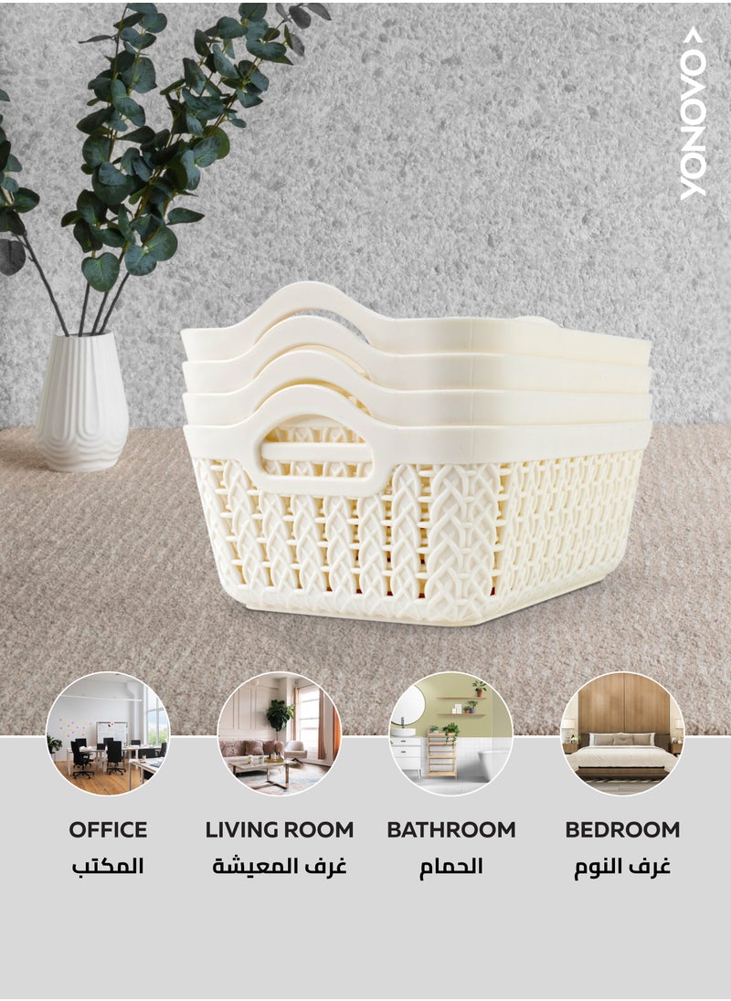 Yonovo Plastic Storage Basket - 4-Piece, White - Durable Organizer Bins with Ventilated Design and Ergonomic Handles, Stackable and Lightweight - Ideal for Kitchen, Bathroom, Office, Nursery, Pantry, and Shelf Storage  - Image 5