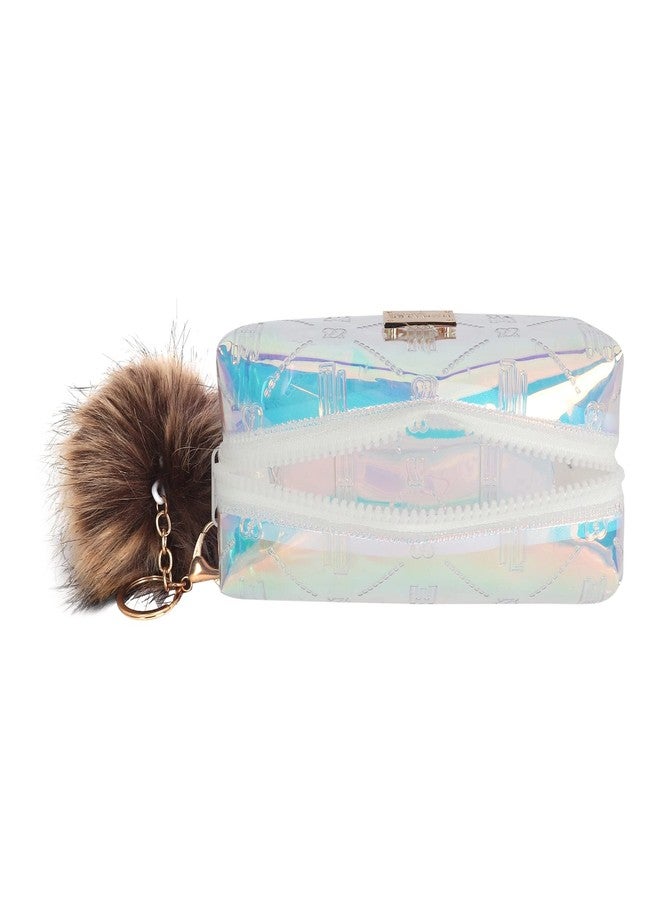 Hamster London Raver White Pouch with Pom Pom Travelling Cosmetic Pouch with Zipper Makeup Bag Case,Travel Toiletry Pouch - White - Image 5