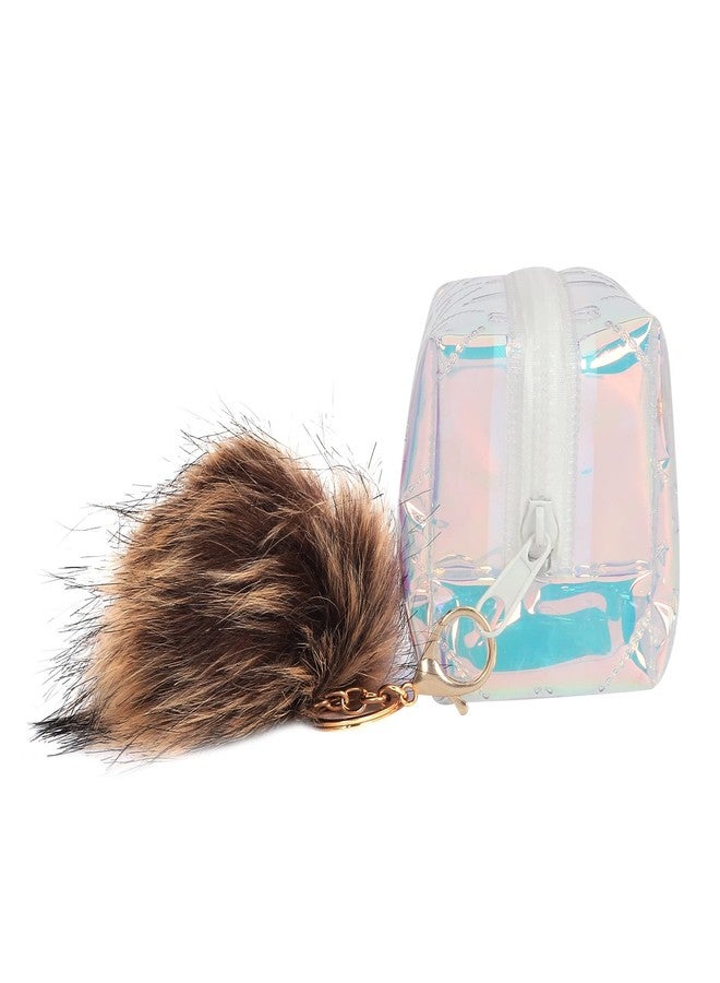 Hamster London Raver White Pouch with Pom Pom Travelling Cosmetic Pouch with Zipper Makeup Bag Case,Travel Toiletry Pouch - White - Image 3