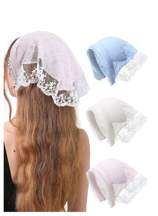 Generic 3-Piece Hair Scarf Bandana Handband for Women - 3Pcs Chiffon Head Scarf for Women's Hair, Non Slip Lace Triangle Kerchief Women’s Hair Bands (Blue+Pink+Off white)  - Image 1