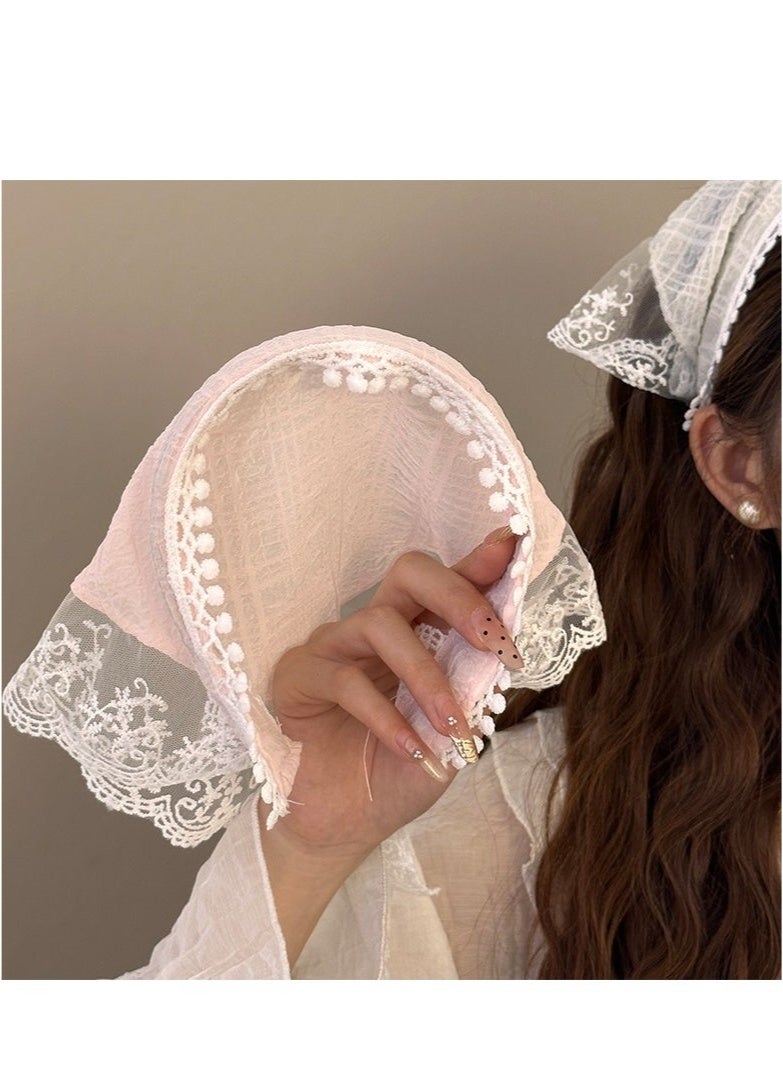 Generic 3-Piece Hair Scarf Bandana Handband for Women - 3Pcs Chiffon Head Scarf for Women's Hair, Non Slip Lace Triangle Kerchief Women’s Hair Bands (Blue+Pink+Off white)  - Image 2
