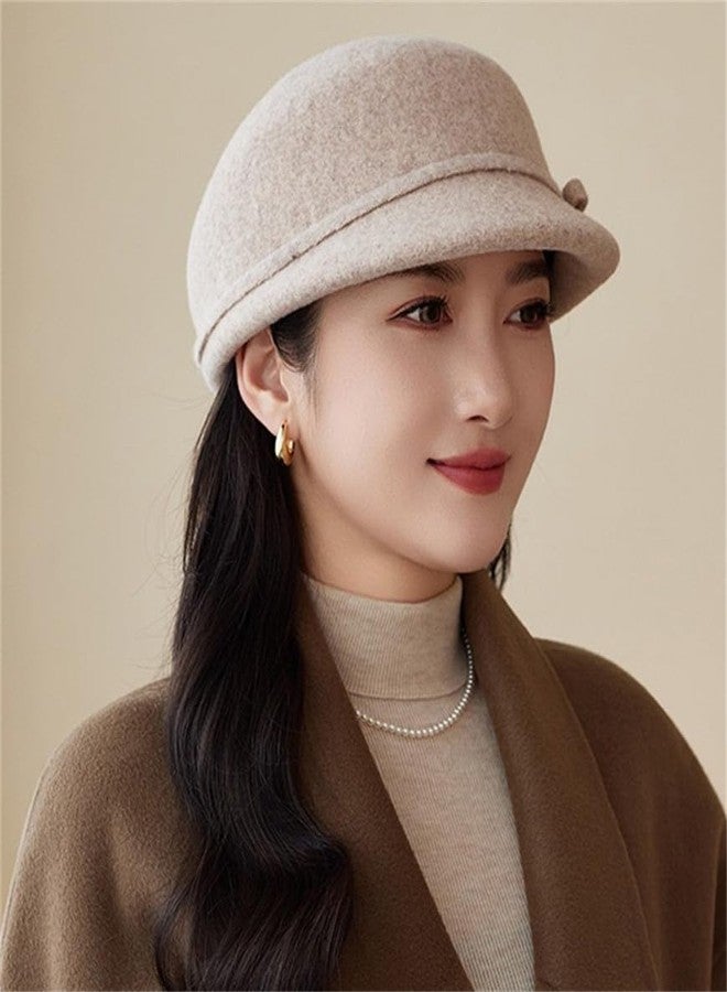 Pocadri Women Vintage Fedora Bowler Hats Elegant Felt Cloche Hat Visor Warm Bowknot Newsboy Cap Fall Winter, A-beige, One size - Image 2