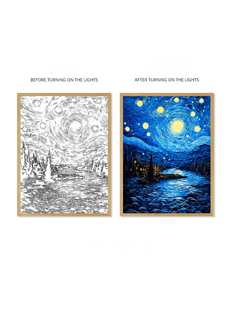 general Van Gogh Lighting Painting Decoration 3 Colors LED Light Painting Wall Decoration Art Of Light And Shadow Photo Frames LED Luminous Photo Frame Family Bedroom Living Room Night Lights - Image 1